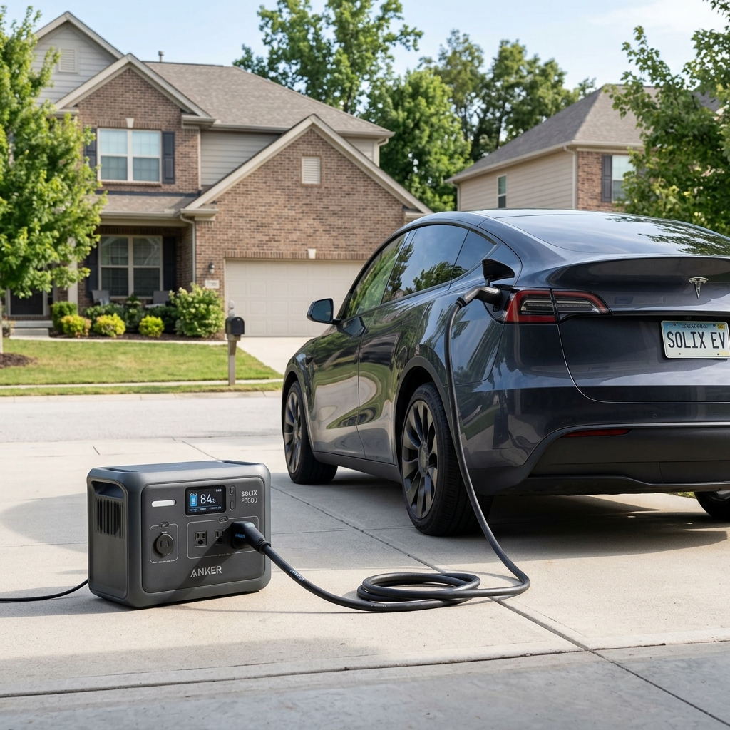 Anker Solix F3800 emergency EV charging a Tesla in driveway